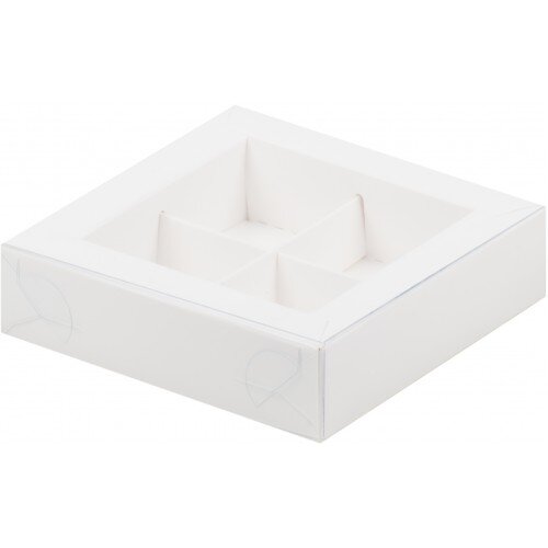 Коробка для конфет на 4шт с пластиковой крышкой (белая) 120/120/30мм - фото 1
