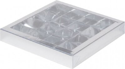 Коробка для конфет на 16шт с пластиковой крышкой (серебро) 200/200/30мм