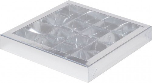 Коробка для конфет на 16шт с пластиковой крышкой (серебро) 200/200/30мм - фото 1