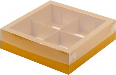 Коробка под ассорти сладостей с пластиковой крышкой (золото матовая) 200/200/55 мм