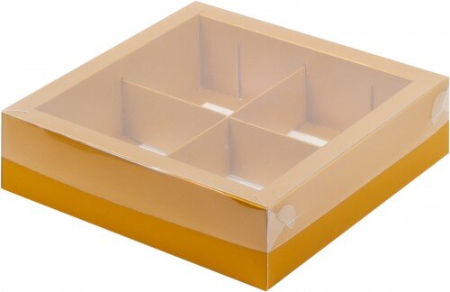 Коробка под ассорти сладостей с пластиковой крышкой (золото матовая) 200/200/55 мм - фото 1