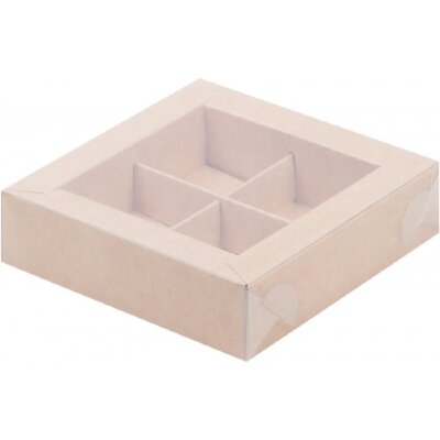 Коробка для конфет на 4шт с пластиковой крышкой (крафт) 120/120/30мм