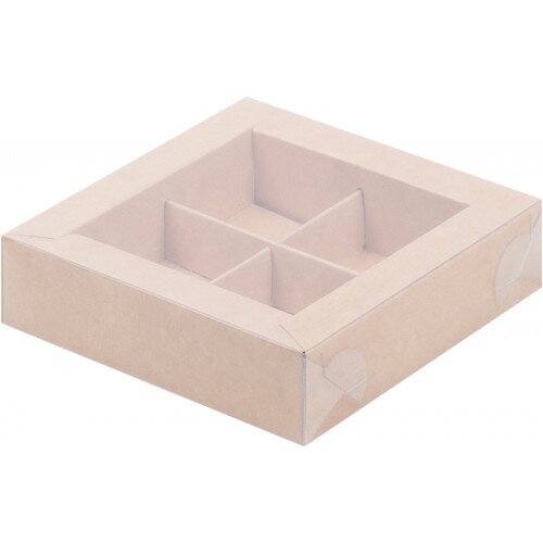 Коробка для конфет на 4шт с пластиковой крышкой (крафт) 120/120/30мм - фото 1