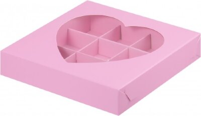 Коробка для конфет на 9шт с окном сердце (розовая) 155/155/30мм