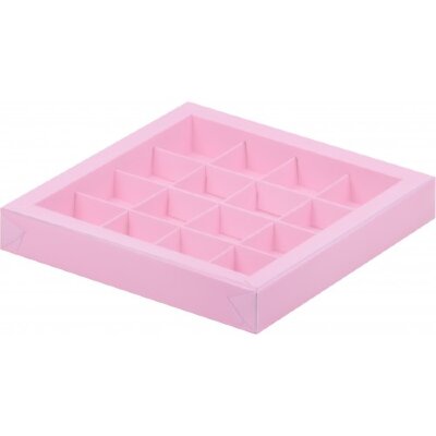 Коробка для конфет на 16шт с пластиковой крышкой (розовая) 200/200/30мм