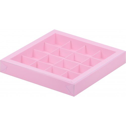 Коробка для конфет на 16шт с пластиковой крышкой (розовая) 200/200/30мм - фото 1