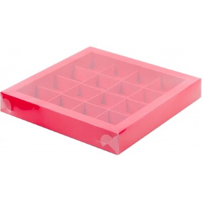 Коробка для конфет на 16шт с пластиковой крышкой (красная) 200/200/30мм