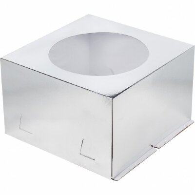 Коробка для торта с окном 260/260/180 мм серебро Хром Эрзац