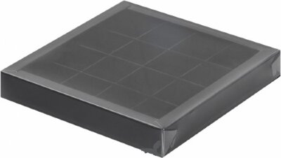Коробка для конфет на 16шт с пластиковой крышкой (черная) 200/200/30мм