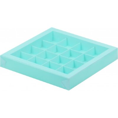 Коробка для конфет на 16шт с пластиковой крышкой (тиффани) 200/200/30мм