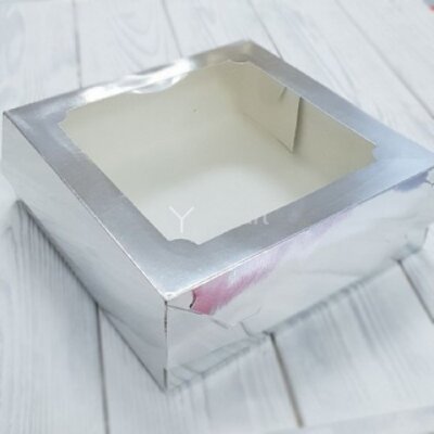 Коробка для зефира и печенья с окном (серебро) 200/200/70 мм