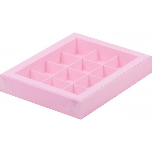 Коробка для конфет на 12шт с пластиковой крышкой (розовая) 190/150/30мм - фото 1