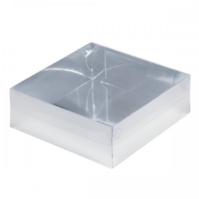 Коробка для зефира и печенья ПРЕМИУМ с крышкой (серебро) 200/200/70 мм