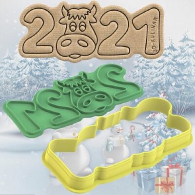 Форма/вырубка + Штамп пластик "Новый год 2021 с быком" 10 см