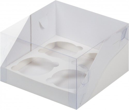 Коробка для капкейков на 4шт ПРЕМИУМ с пластиковой крышкой (белая) 160/160/100мм - фото 1