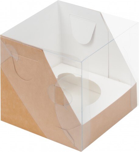 Коробка для капкейков на 1шт с пластиковой крышкой (крафт) 100/100/100мм - фото 1