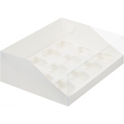Коробка для капкейков на 12шт ПРЕМИУМ с пластиковой крышкой (белая) 310/235/100мм