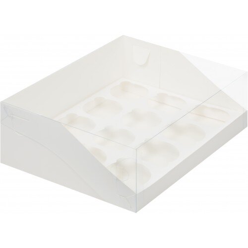 Коробка для капкейков на 12шт ПРЕМИУМ с пластиковой крышкой (белая) 310/235/100мм - фото 1