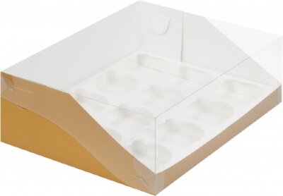 Коробка для капкейков на 12шт с пластиковой крышкой (золото) 310/235/100мм