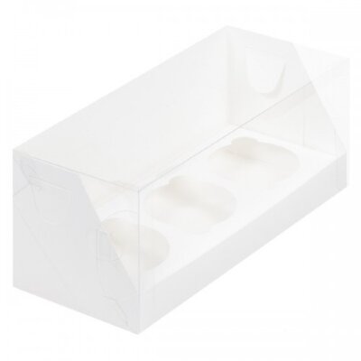 Коробка для капкейков на 3шт ПРЕМИУМ с пластиковой крышкой (белая) 240/100/100мм