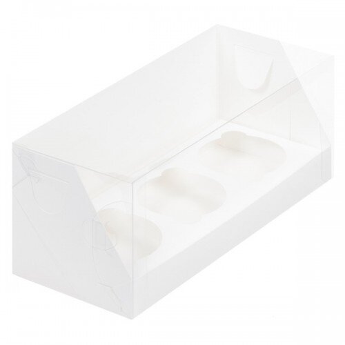 Коробка для капкейков на 3шт ПРЕМИУМ с пластиковой крышкой (белая) 240/100/100мм - фото 1