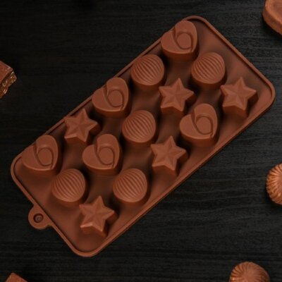 Форма для шоколада и льда силикон "Звезды, ракушки, сердца" 15 ячеек 20,6х10,3х1 см