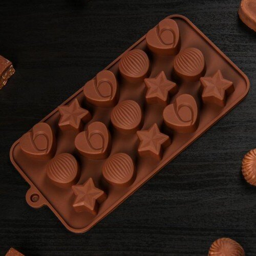 Форма для шоколада и льда силикон "Звезды, ракушки, сердца" 15 ячеек 20,6х10,3х1 см - фото 1
