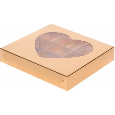 Коробка для конфет на 9 шт с окном сердце (золото) 160/160/30 мм