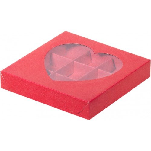 Коробка для конфет на 9 шт с окном сердце (красная) 160/160/30 мм - фото 1