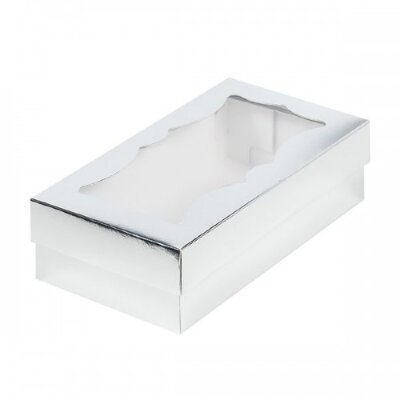 Коробка для макарун с фигурным окном 210/110/55 мм серебро