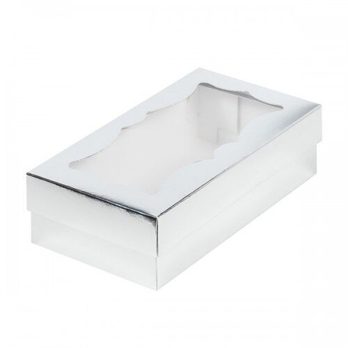 Коробка для макарун с фигурным окном 210/110/55 мм серебро - фото 1