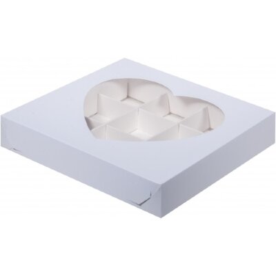 Коробка для конфет на 9 шт с окном сердце (белая) 160/160/30 мм
