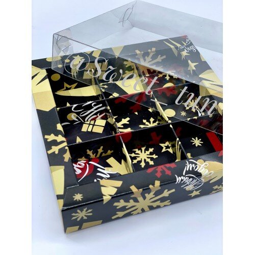 Коробка для конфет на 9шт с пластиковой крышкой (елка черная/золото) 155/155/30мм - фото 1