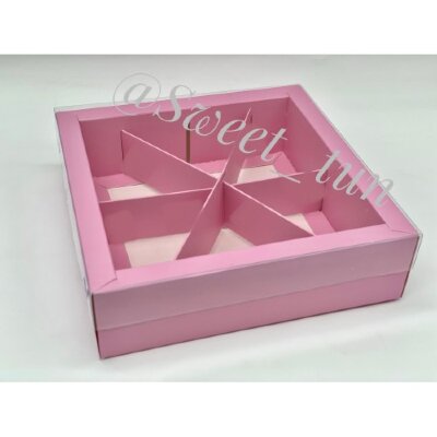 Коробка под ассорти сладостей с пластиковой крышкой (розовая) 200/200/55 мм