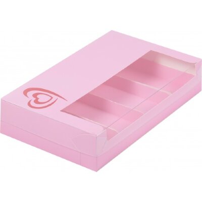 Коробка для эклеров и эскимо с крышкой с тиснением сердце (розовая) 250/150/50 мм