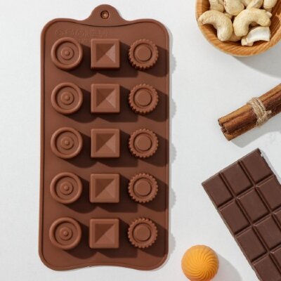 Форма для шоколада и льда силикон "Кружочки, квадратики" 15 ячеек 21,5х10,4х1,5 см