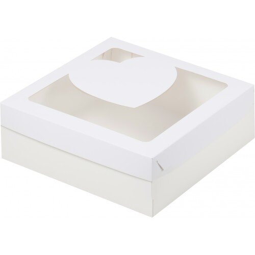 Коробка для зефира, тортов и пирожных с окном сердце (белая) 200/200/70 мм - фото 1