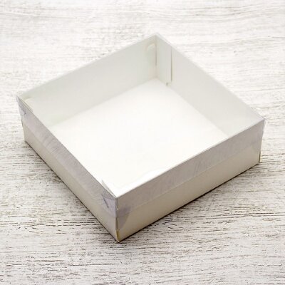Коробка для зефира и печенья ПРЕМИУМ с крышкой (серебро/белая) 200/200/70 мм