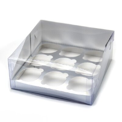 Коробка для капкейков на 9 шт ПРЕМИУМ с пластиковой крышкой (серебро) 235/235/100 мм
