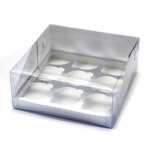Коробка для капкейков на 9 шт ПРЕМИУМ с пластиковой крышкой (серебро) 235/235/100 мм - фото 1