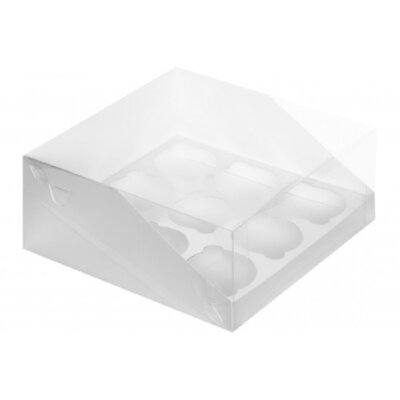 Коробка для капкейков на 9 шт ПРЕМИУМ с пластиковой крышкой (белая) 235/235/100 мм