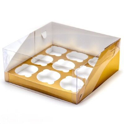 Коробка для капкейков на 9 шт ПРЕМИУМ с пластиковой крышкой (золото) 235/235/100 мм